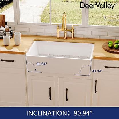 DeerValley Farmhouse Kitchen Sink 33 Inch, Fireclay White Undermount Kitchen Sink, Ceramic Apron-Front Deep Single Bowl with Stainless Steel Grid & Drain