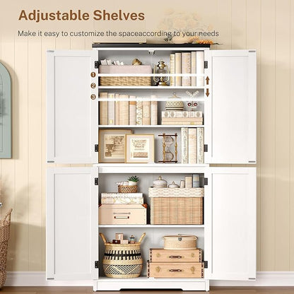 TEENFON 58" H Storage Cabinet with Adjustable Shelf, Farmhouse Kitchen Pantry Cabinet, Bathroom Cabinet with 4 Doors, Cupboard for Kitchen, Bathroom, Living Room, White