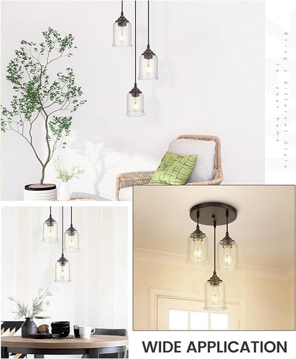 zeyu 3-Light Cluster Pendant Light, Farmhouse Hanging Lights for Kitchen, Oil Rubbed Bronze Pendant Light Fixtures Adjustable with Clear Glass Shade, ZSL104-3 ORB
