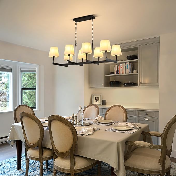 Farmhouse Chandeliers, 8-Light Black Chandeliers for Dining Room with White Fabric Shade, Adjustable Hanging Pendant Lighting for Kitchen Island Living Room