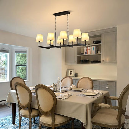 Farmhouse Chandeliers, 8-Light Black Chandeliers for Dining Room with White Fabric Shade, Adjustable Hanging Pendant Lighting for Kitchen Island Living Room