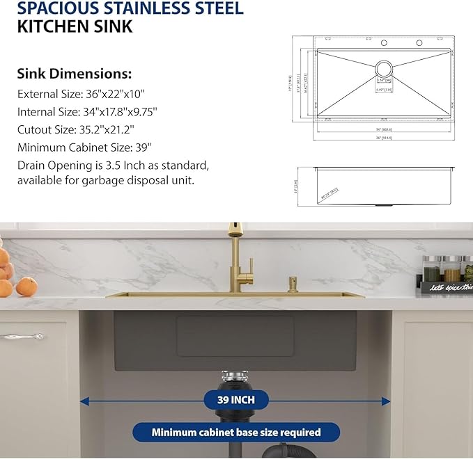 Lordear 36 Inch Drop In Kitchen Sink Matte Gold Stainless Steel 16 Gauge T304 Single Bowl Handmade Topmount Kitchen Sink with Workstation All in One 36x22x10 Inch