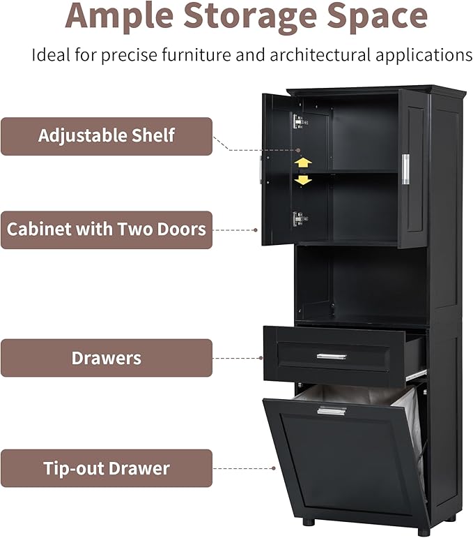 Merax 70" Tall Storage Cabinet with Laundry Hamper, 1 Drawer and Adjustable Shelf, Freestanding for Bathroom, Black