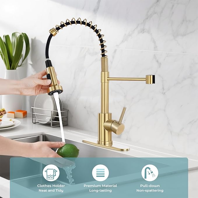 Kitchen Sink Faucet with Soap Dispenser,Commercial Single Handle Kitchen Faucets with Deck Plate (Brush Gold)