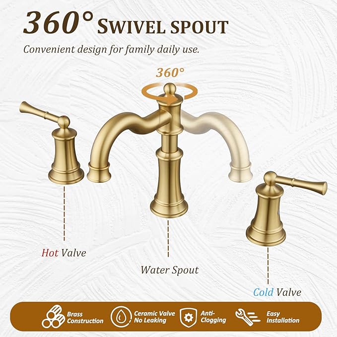 Bathroom Sink Faucet, Brushed Gold Roman Stlye Rotated Spout Vanity Basin Faucets 3 Holes 2 Handles 8 inches Widespread Deck Mount Brass Faucet for Sink with Overflow Pop Up Drain NL2204-BG