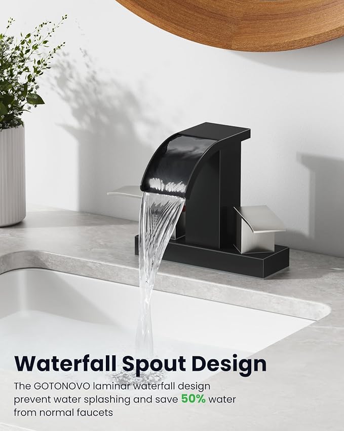 gotonovo Waterfall 4 Inch Centerset Bathroom Sink Faucet 2 Handle Basin Faucets 2 or 3 Hole Deck Mount with Pop Up Drain Included Lavatory Modern Mixer Tap Vanity Faucet Matte Black & Brushed Nickel