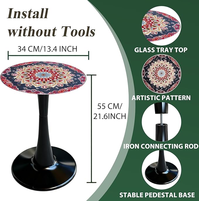 Simmer Stone 13.4" Outdoor Side Table, Round Patio Bistro Table Printed Tempered Glass Top, Waterproof Rust-Proof Base, Small Plant Stand for Balcony, Garden, Deck, 21.6" H (Ochre Color)