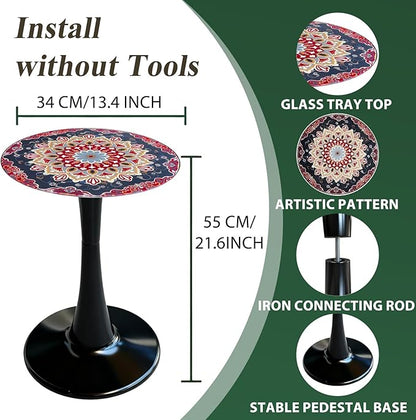Simmer Stone 13.4" Outdoor Side Table, Round Patio Bistro Table Printed Tempered Glass Top, Waterproof Rust-Proof Base, Small Plant Stand for Balcony, Garden, Deck, 21.6" H (Ochre Color)