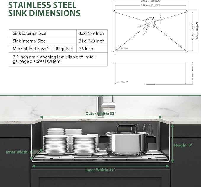 Black Undermount Kitchen Sink 33 Inch - Couoko Gunmetal Black 16 Gauge T304 Stainless Steel Single Bowl Undermount Sinks NANO PVD Large Deep Handmade Round Corner Sinks Basin 33"x19"x9"