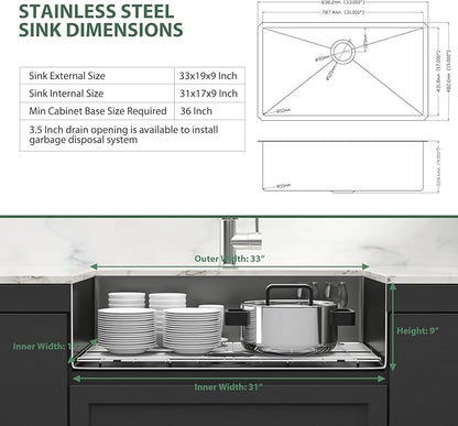 Black Undermount Kitchen Sink 33 Inch - Couoko Gunmetal Black 16 Gauge T304 Stainless Steel Single Bowl Undermount Sinks NANO PVD Large Deep Handmade Round Corner Sinks Basin 33"x19"x9"