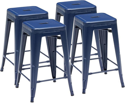Sweetcrispy Metal Bar Stools Set of 4, 24 Inch Stackable Restaurant Classic Trattoria Metal Chairs, Backless Counter Height Barstool Chairs for Dining Room, Kitchen Island, Indoor Outdoor Use, Blue