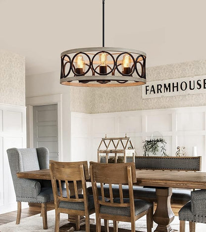 MEIXISUE Modern Farmhouse Drum Chandelier Black and White Birch Finish 6-Lights Round Metal Rustic Vintage Chandelier Light Fixtures for Kitchen Dining Room Living Room Office Hotel Restaurant