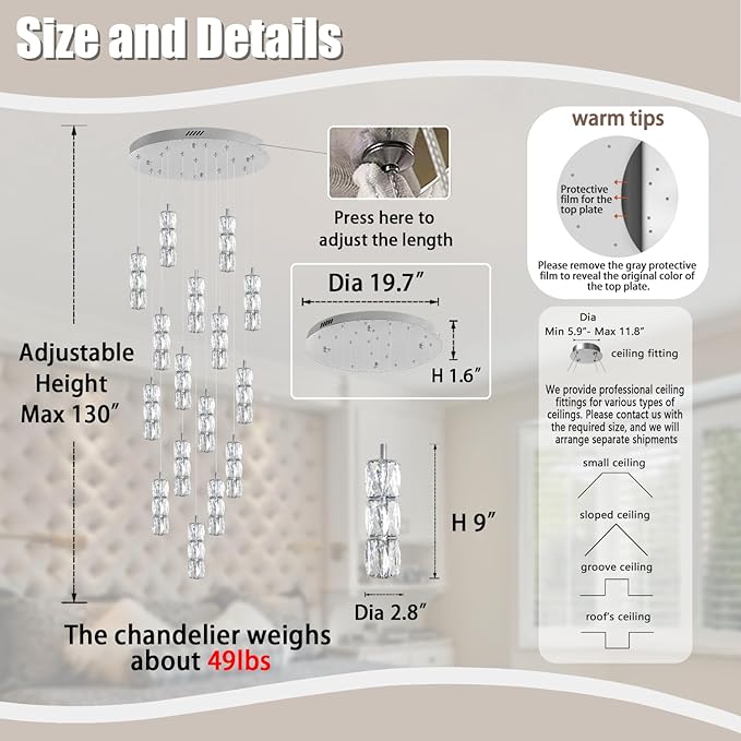 ykolupty H110 Chandelier for High Ceiling 16-Lights Crystal Pendant Light with Remote Large Chandelier for Living Room Staircase Villa