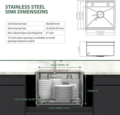 18 x 18 Inch Outdoor Sink Undermount RV Sink Workstation 16 Gauge Stainless Steel Single Bowl Handmade Outdoor Kitchen Sinks With Folding Faucet 18"x18"x9"