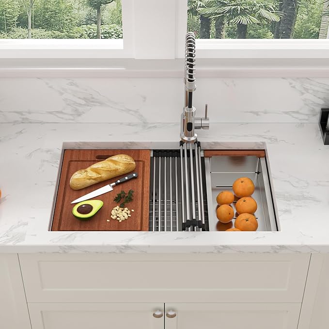 Sarlai 28 Inch Undermount Double Bowl Sink - Stainless Steel 16 Gauge Workstation Sink Low Divide 60/40 Basin