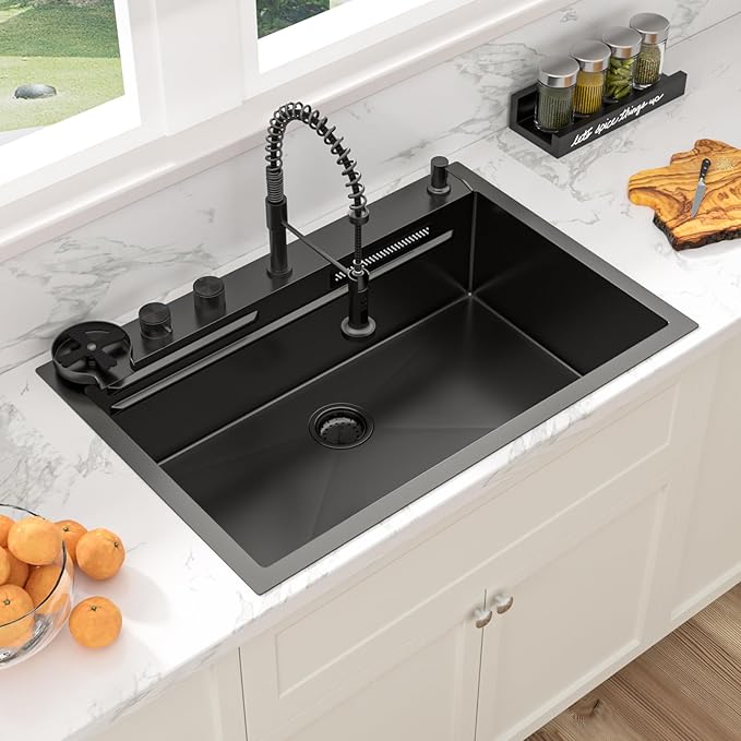 Sarlai Waterfall Kitchen Sink 30 Inch Black Drop In Kitchen Sink Topmount 16 Gauge Stainless Steel 30x22 Inch Single Bowl Multifuction Workstation Top Mount Sinks with Double Knob