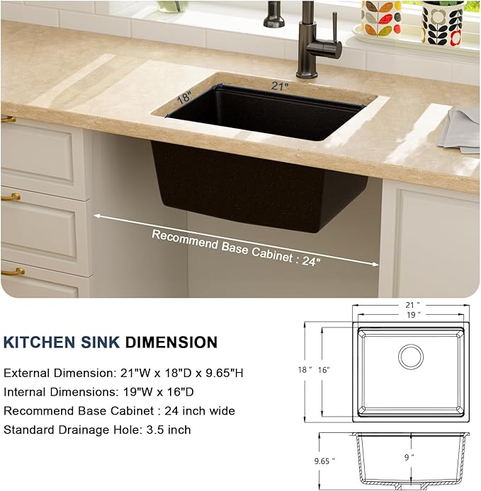 Lordear 21 Inch Black Granite Composite Kitchen Sink Workstation 21x18 Matte Black Undermount Quartz Sinks Under Counter Single Bowl Sink with Black Accessories