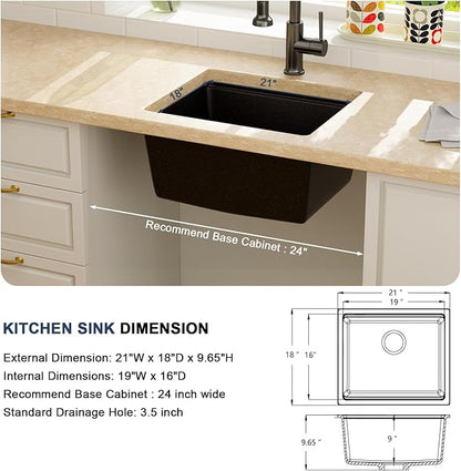 Lordear 21 Inch Black Granite Composite Kitchen Sink Workstation 21x18 Matte Black Undermount Quartz Sinks Under Counter Single Bowl Sink with Black Accessories
