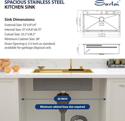 Sarlai 33 Inch Waterfall Kitchen Sink - 33x19 Gold Waterfall Drop In Sink Workstation Stainless Steel 16 Gauge Sink Multifunction Single Bowl Smart Top Mount Kitchen Sinks with Faucet Combo