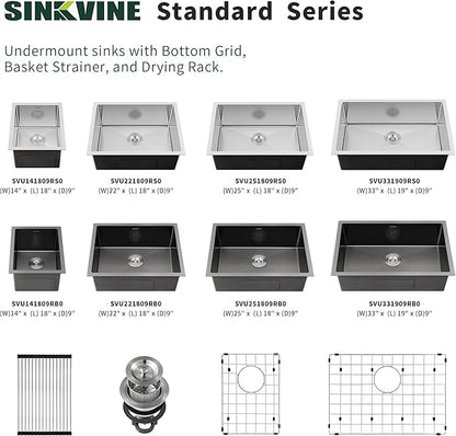 25-inch Undermount Kitchen Sink, SINKVINE Stainless Steel Single Bowl Indoor and Outdoor Sink for Laundry RV, with 3.5-inch Drain Strainer, Bottom Grid Protector, Roll-up Drying Unit, 25 x 18