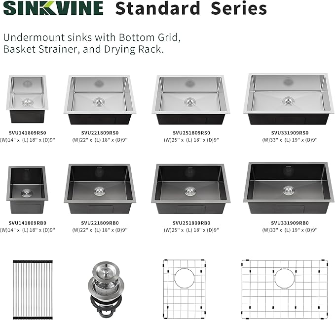33-inch Undermount Kitchen Sink - SINKVINE Single Bowl Stainless Steel Kitchen Sink, Large Size Handmade Basin with 3.5-inch Drain Strainer, Bottom Grid Protector, Roll-up Drying Unit, 33" x 19" x 9"