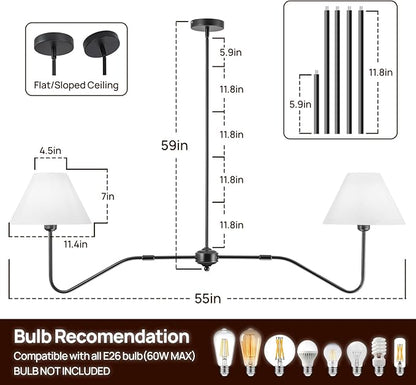 2-Light Modern Linear Chandelier for Dining Room, 55 Inch Farmhouse Kitchen Island Lighting with White Fabric Shades, Hanging Lighting Fixtures for Living Room Bedroom