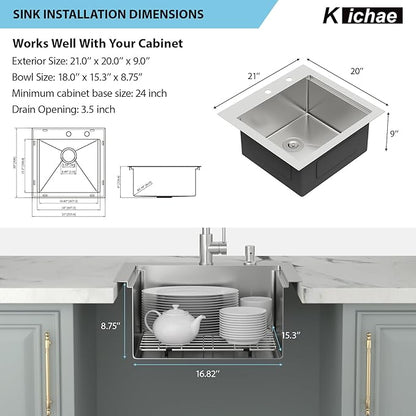 Kichae 21 Inch Outdoor Kitchen Sink - 21" x 20" Stainless Steel Drop Sink 16 Gauge with Pull Down Faucet Combo & Cover for Small Outdoor Kitchens, Bar Prep, and RV Use