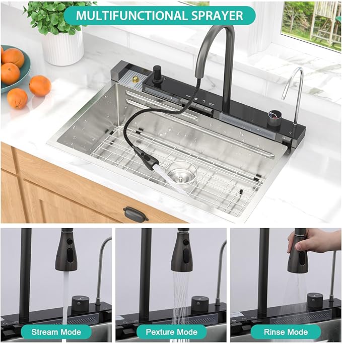 Smart Waterfall Kitchen Sink 30 Inch, Drop In Stainless Steel Single Bowl Workstation Sink with Pull-Down Faucet, Cup Washer & Multi-Function Spray #TLWF-0025