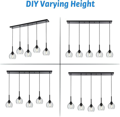 5 Light Kitchen Pendant Lighting Over Island with Striped Swirl Globe Glass, Black Blown Glass Pendant Light Hanging Ceiling Lamp Contemporary Chandelier for Dining Room Bar Living Room