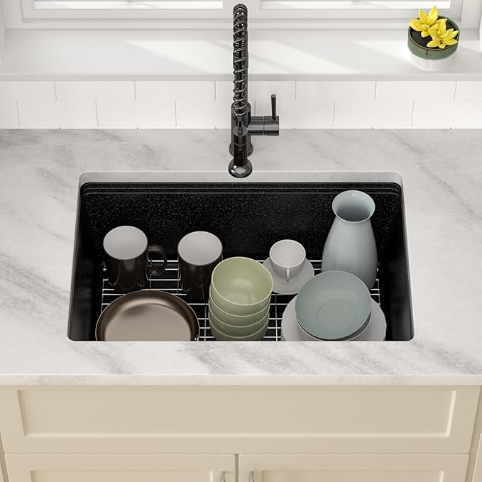 Dcolora 28 In. Matte Black Undermount Granite Composite Sink, Single Bowl Workstation Kitchen Sink, Quartz Blend Construction, Modern Ledge Design, 28"x19"x10" #DC-GU0004BS