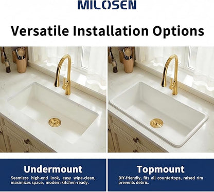 MILOSEN White Undermount Kitchen Sink, 31"x18" Granite Composite Single Bowl Kitchen Sinks, 9" Deep Large Undermount/Drop In Sink with Gold Accessories, White Quartz Kitchen Sinks for Modern Kitchen