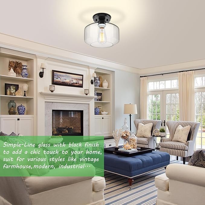 TOBUSA Semi Flush Mount Ceiling Light 2 Pack, Industrial Ceiling Light Fixture with Clear Glass Pendant Lamp Shade, Farmhouse Hallway Light Fixtures for Porch Kitchen Bedroom, E26 Bulbs Excluded