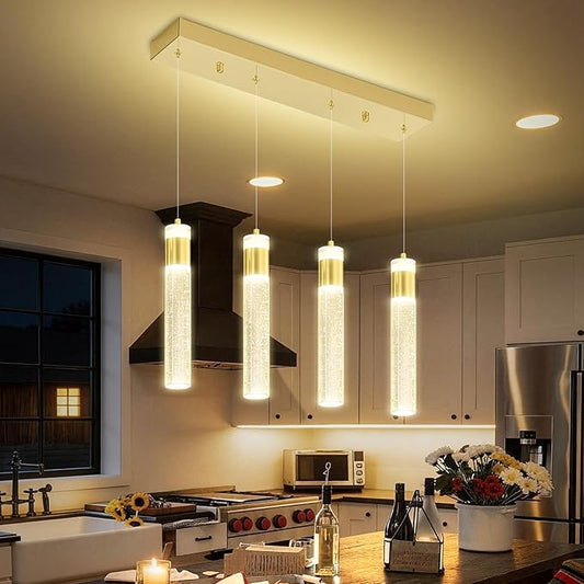 4-Light Gold Pendant Lights Kitchen Island Modern LED Dimmable Gold Crystal Column Ceiling Light for Dinning Room Living Room 32W