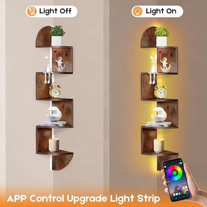 Corner Shelf, 5 Tier Corner Shelf Wall Mounted with Light, Corner Floating Shelves, Corner Bookshelf Stand for Bedroom, Bathroom, Living Room, Kitchen, Home (Rustic Brown)