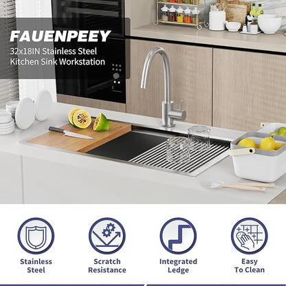 Kitchen Sink Workstation,32"x18" Stainless Steel Undermount Single Bowl Sink Built-in Ledge Drop In Workstation Sink Design For Placing/Sliding Accessories-Cutting Board,Drying Rack