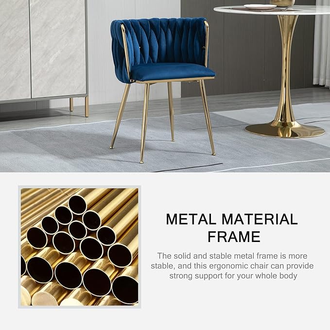 Nrizc Woven Dining Chairs Set of 4, Velvet Upholstered Dining Chairs with Gold Metal Legs, Modern Accent Chairs for Living Room, Dining Room, Kitchen (Blue)