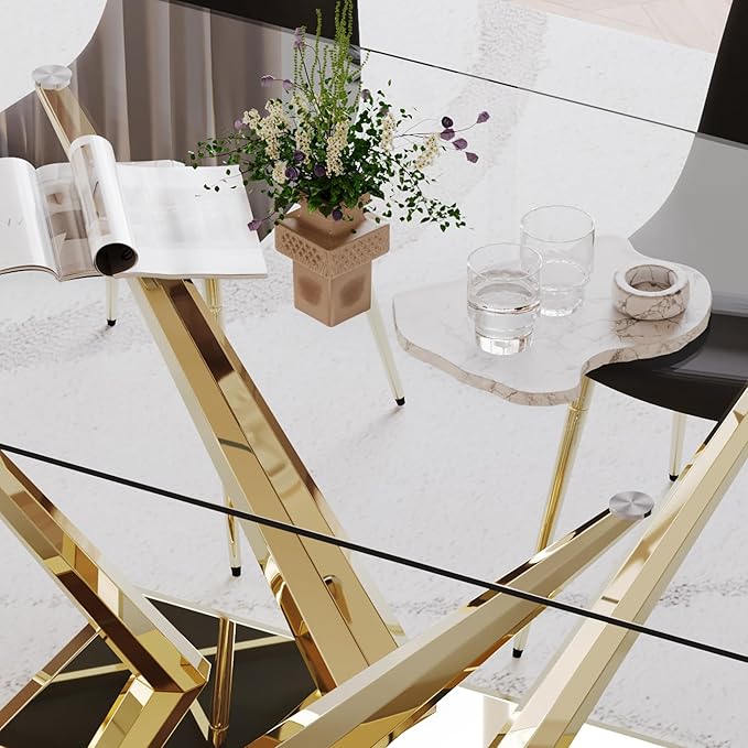 Luxury Gold Glass Dining Table for 4-6 Modern 63-Inch Rectangular Kitchen & Dining Room Table with Double V-Shape Stainless Steel Base Large Clear Glass Top Dining Table for Home Office