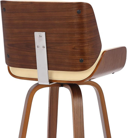Armen Living Tyler 26" Counter Height Swivel Cream Faux Leather and Walnut Wood Bar Stool