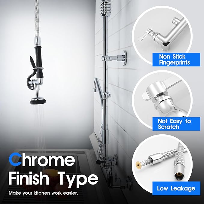 Commercial Kitchen Faucet with Pre-Rinse Sprayer 43" Height 8" Center Brass Constructed Wall Mount Kitchen Sink Faucet with Coiled Spring Pull Down Spray and 12" Add-on Swing Spout