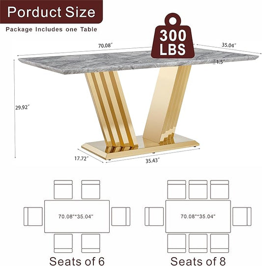 70" Marble Dining Table for 6-8, Modern Luxury Gold Rectangular Large Kitchen Table, Marble Grain MDF Tabletop & Stainless Steel Base, Dinner Furniture for Kitchen Dining Room, Meeting Room, Grey