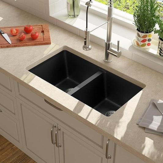 Lordear 31 Black Kitchen Sink Double Bowl Quartz Undermount Kitchen Sink Granite Composite Metallic Black Deep Double Bowl 50/50 Kitchen Sinks with Accessories