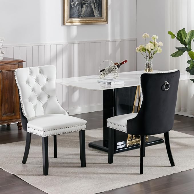 Dining Chairs Set of 2, PU Leather Upholstered Dining Room Side Chairs with Button Tufted Back, Nailhead Trim & Wooden Legs, Modern Counter Height Bar Stools for Home Kitchen Island, White+Black