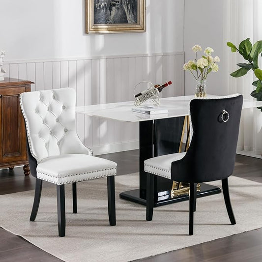 Dining Chairs Set of 2, PU Leather Upholstered Dining Room Side Chairs with Button Tufted Back, Nailhead Trim & Wooden Legs, Modern Counter Height Bar Stools for Home Kitchen Island, White+Black
