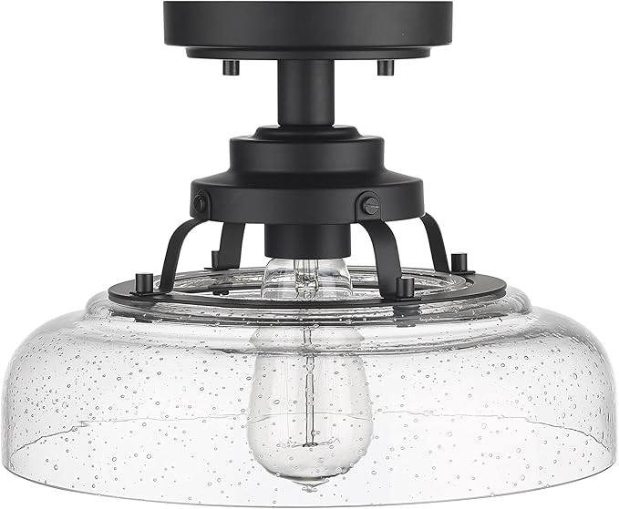 EAPUDUN Farmhouse Semi Flush Mount Ceiling Light, Black Industrial Ceiling Lighting,1-Light,Seeded Glass Shade, Ideal for Kitchen, Corridor, Bedroom, Foyer, Hallway, and Entryway,SMA1307-MBK