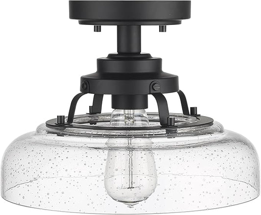 EAPUDUN Farmhouse Semi Flush Mount Ceiling Light, Black Industrial Ceiling Lighting,1-Light,Seeded Glass Shade, Ideal for Kitchen, Corridor, Bedroom, Foyer, Hallway, and Entryway,SMA1307-MBK