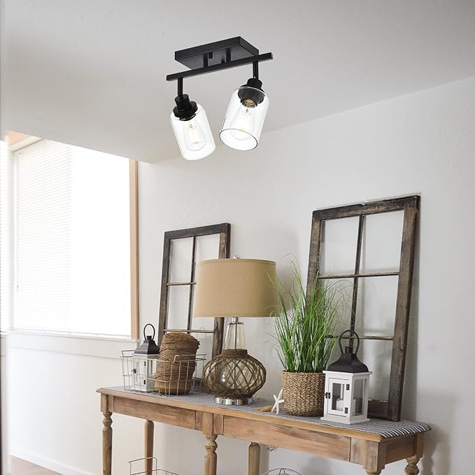 MELUCEE 2 Light Wall Scone Spotlight Semi Flush Mount Ceiling Light, 12.2 Inch Black Bathroom Lights Rotatable Track Lighting Kit for Hallway Porch Foyer Bath Storage, Clear Glass Shade