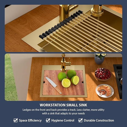 18 Outdoor Kitchen Sink Gold - Beslend 18x18 Gold Outdoor Sink Bar Sink RV Sinks Drop In, Topmount Stainless Steel Kitchen Sinks Workstation 16 Gauge Single Bowl Above Counter Indoor Outdoor