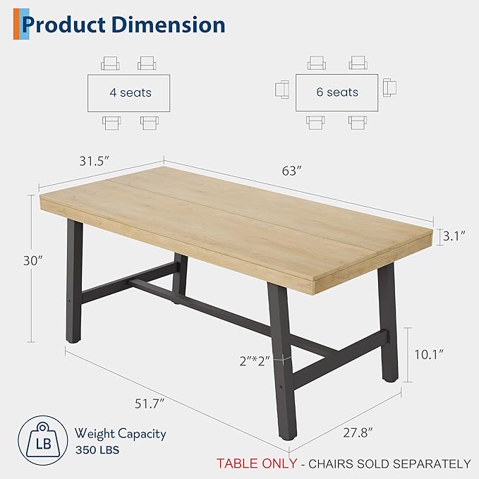 GarveeHome 63 Inch Small Space Dining Table for 4-6 People, Rectangular Kitchen Table for Apartment & Dining Room, Heavy Duty Metal Frame, Natural