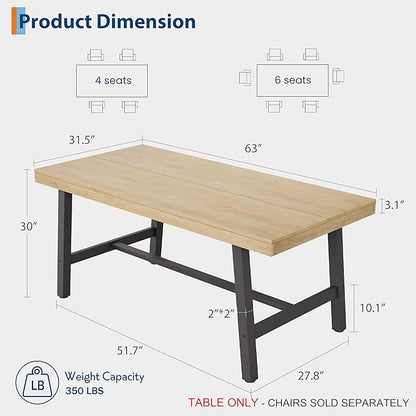 GarveeHome 63 Inch Small Space Dining Table for 4-6 People, Rectangular Kitchen Table for Apartment & Dining Room, Heavy Duty Metal Frame, Natural