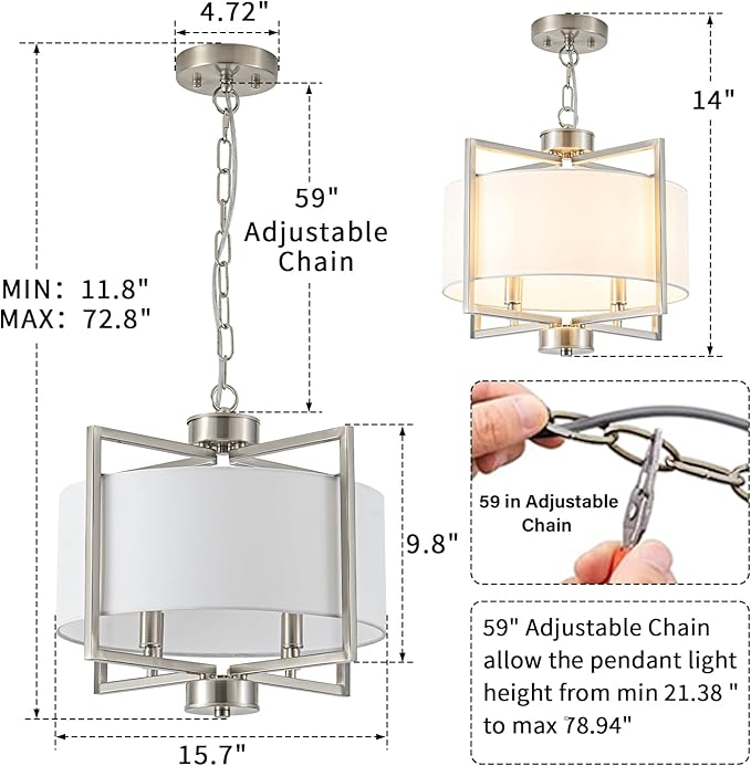 Modern Drum Chandelier for Dining Room, 4 Light Adjustable Rustic White Fabric Drum Chandeliers, Brushed Nickel Farmhouse Lights Hanging Light Fixture for Bedroom Living Room Hallway